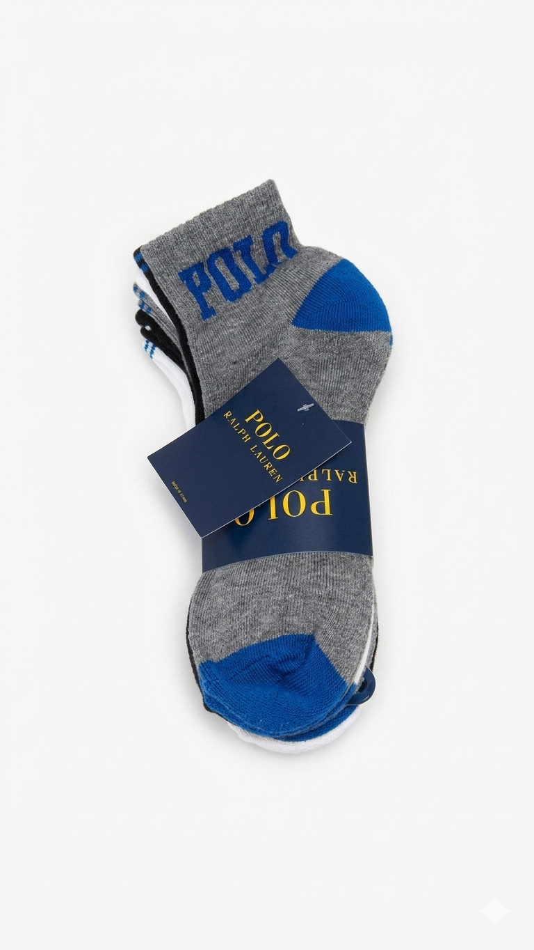 medias-pack-3-calcetines-tobilleros-polo-ralph-lauren-blanco-gris-azul-hombre-frente Pack de 6 Pares de Medias Tobilleros Polo Ralph Lauren | Blanco/Gris y Azul - Image 1