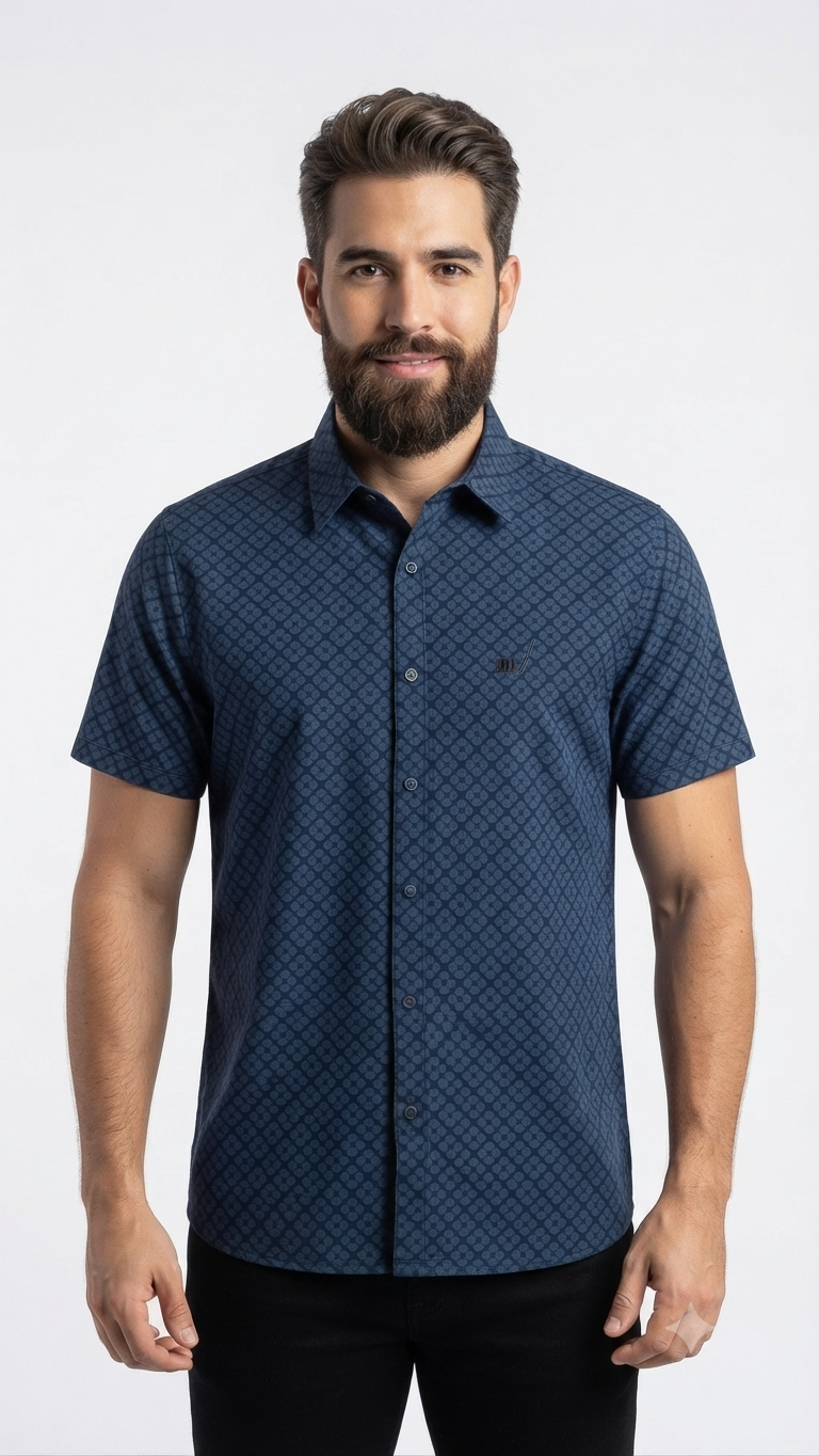 camisa-manga-corta-estampada-hombre-azul-marino Camisa Manga Corta Estampada para Hombre – Azul Marino / Geométrico - Imagen 1