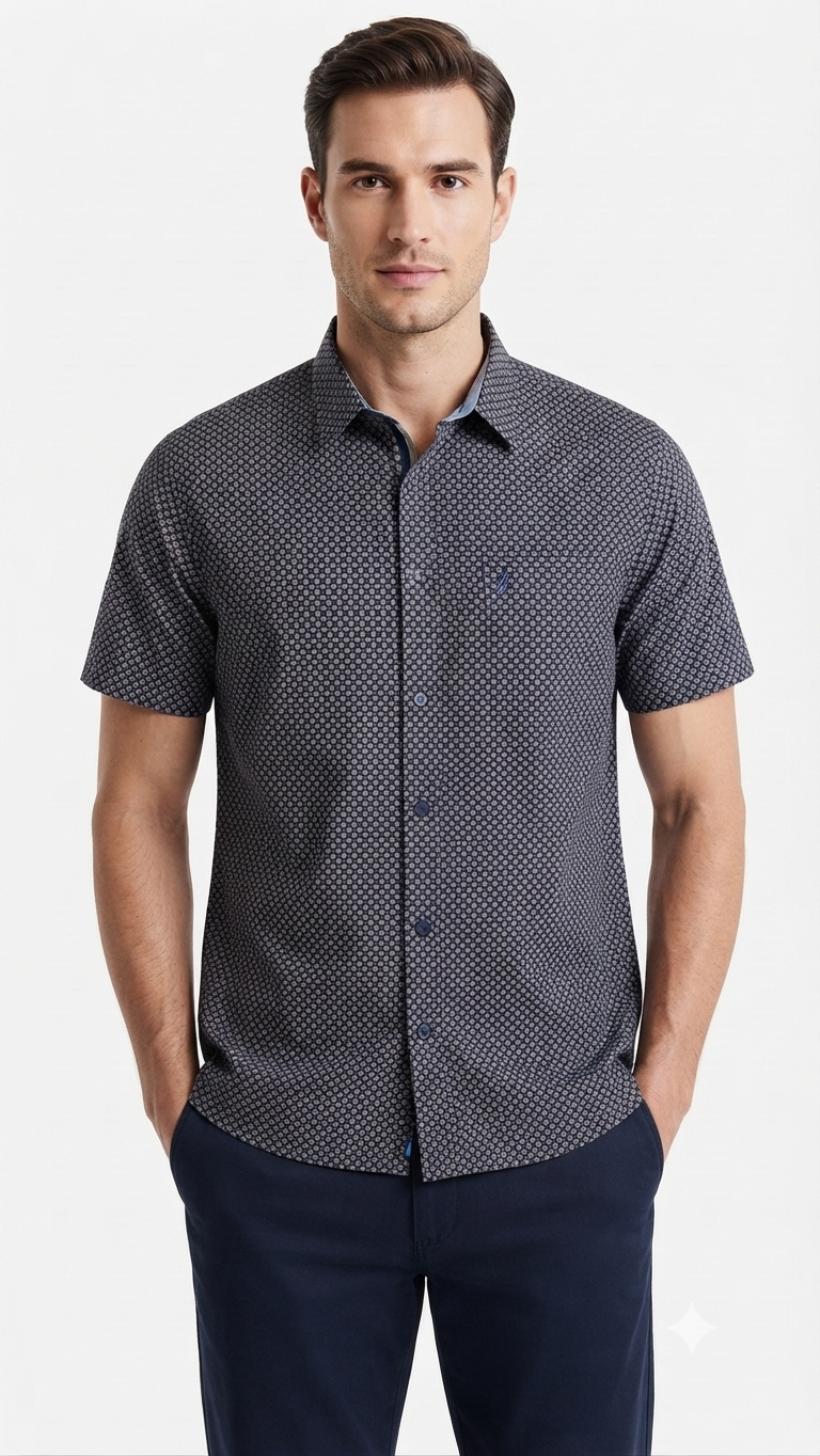 camisa-manga-corta-original-penguin-hombre-azul-microestampado Camisa Manga Corta Original Penguin Estampada para Hombre – Azul Oscuro / Microestampado - Imagen 1