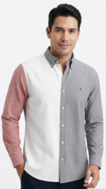 Camisa Manga Larga Tommy Hilfiger Oxford Colorblock para Hombre – Gris / Blanco / Rojo