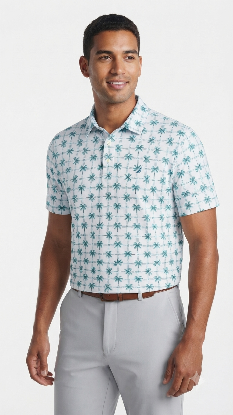 polo-manga-corta-estampado-palmeras-hombre-blanco-verde Polo Manga Corta Estampado Palmeras para Hombre – Blanco / Verde - Imagen 1