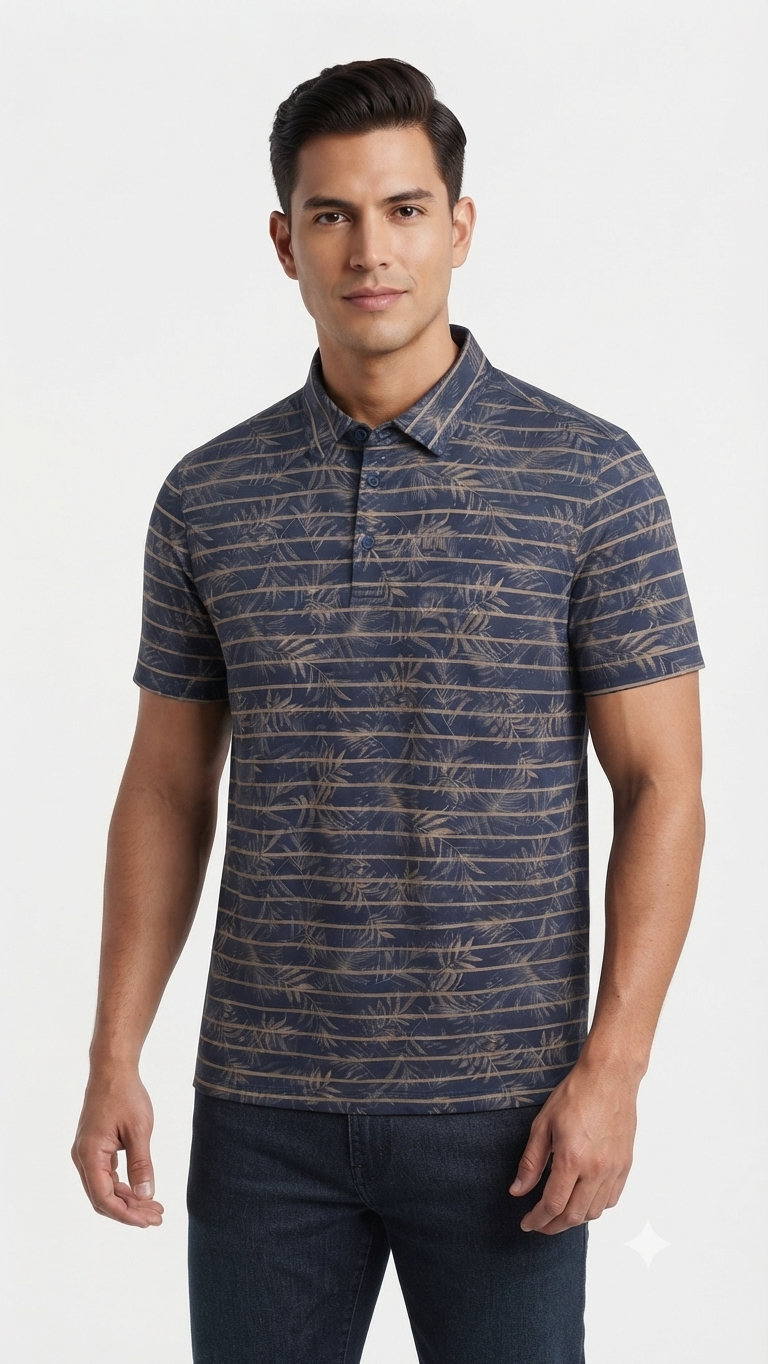 polo-manga-corta-estampado-tropical-hombre-azul-marino Polo Manga Corta Estampado Tropical para Hombre – Azul Marino / Dorado - Imagen 1