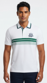 Polo Manga Corta para Hombre – Blanco con Franjas Verdes y Escudo