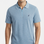 Polo Manga Corta Nautica con Cierre para Hombre – Azul Acero Jaspeado