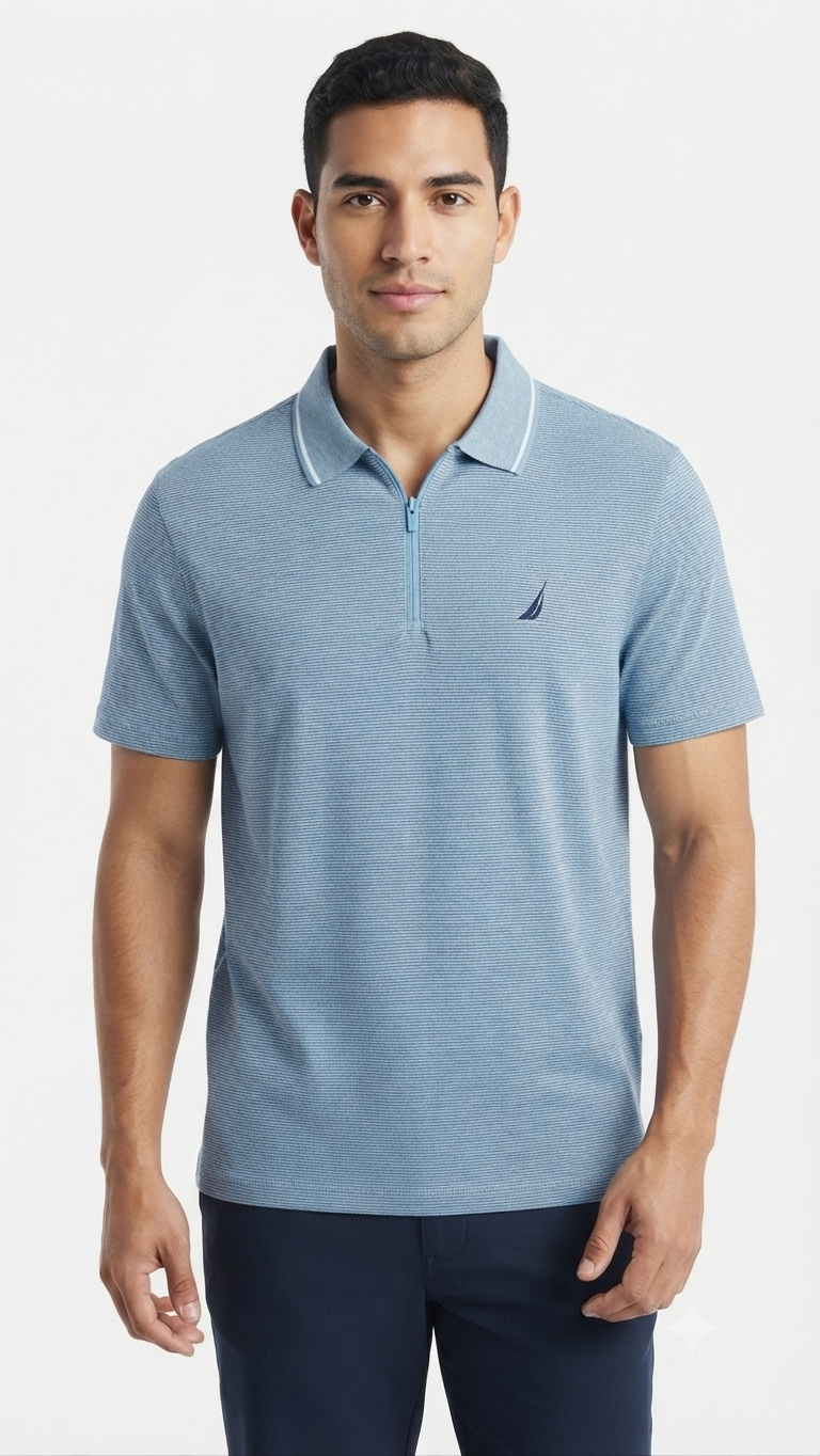 polo-manga-corta-nautica-cierre-hombre-azul-acero Polo Manga Corta Nautica con Cierre para Hombre – Azul Acero Jaspeado - Imagen 1