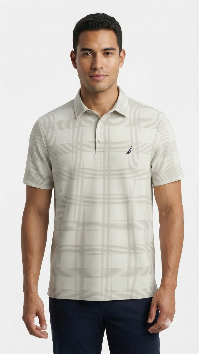 polo-manga-corta-nautica-hombre-beige-cuadros Polo Manga Corta Nautica a Cuadros para Hombre – Beige / Gris Claro - Imagen 1