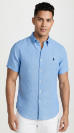 Polo Ralph Lauren Camisa Seersucker Manga Corta para Hombre Rayas Azul y Blanco