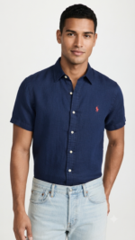 Polo Ralph Lauren Camisa de Lino Manga Corta para Hombre Azul Marino