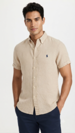 Polo Ralph Lauren Camisa de Lino Manga Corta para Hombre Beige
