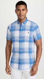 Polo Ralph Lauren Camisa de Lino Manga Corta para Hombre Cuadros Azul y Blanco