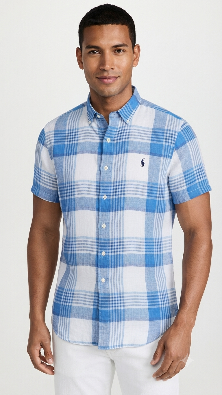 camisa-lino-manga-corta-polo-ralph-lauren-hombre-cuadros-azul-blanco Polo Ralph Lauren Camisa de Lino Manga Corta para Hombre Cuadros Azul y Blanco - Imagen 1