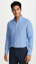 Polo Ralph Lauren Camisa de Lino Manga Larga para Hombre Azul Celeste