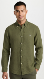 Polo Ralph Lauren Camisa de Lino Manga Larga para Hombre Verde Olivo