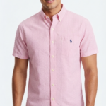 Polo Ralph Lauren Camisa Seersucker Manga Corta para Hombre Rayas Rosa y Blanco
