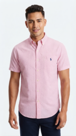 Polo Ralph Lauren Camisa Seersucker Manga Corta para Hombre Rayas Rosa y Blanco