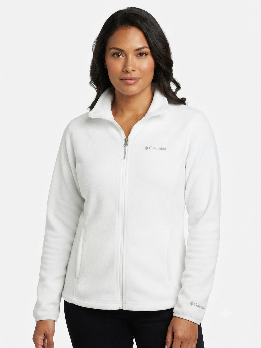 chaqueta-columbia-forro-polar-blanca-mujer Casaca Forro Polar Columbia para Mujer con Cremallera – Blanco / Marfil - Imagen 1