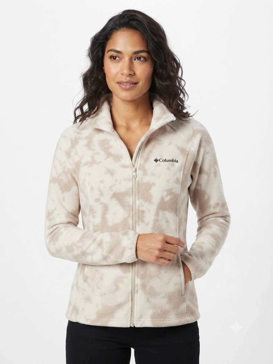 chaqueta-columbia-forro-polar-mujer-crema-beige Casaca de Forro Polar Columbia para Mujer – Crema y Beige Estampado - Imagen 1