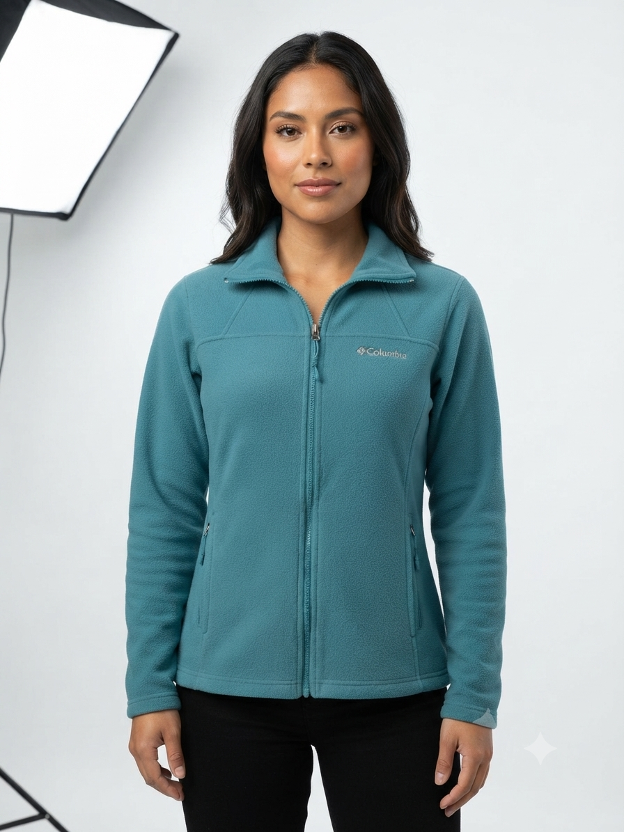 chaqueta-columbia-forro-polar-verde-turquesa Casaca Forro Polar Columbia para Mujer con Cremallera – Verde Turquesa - Imagen 1
