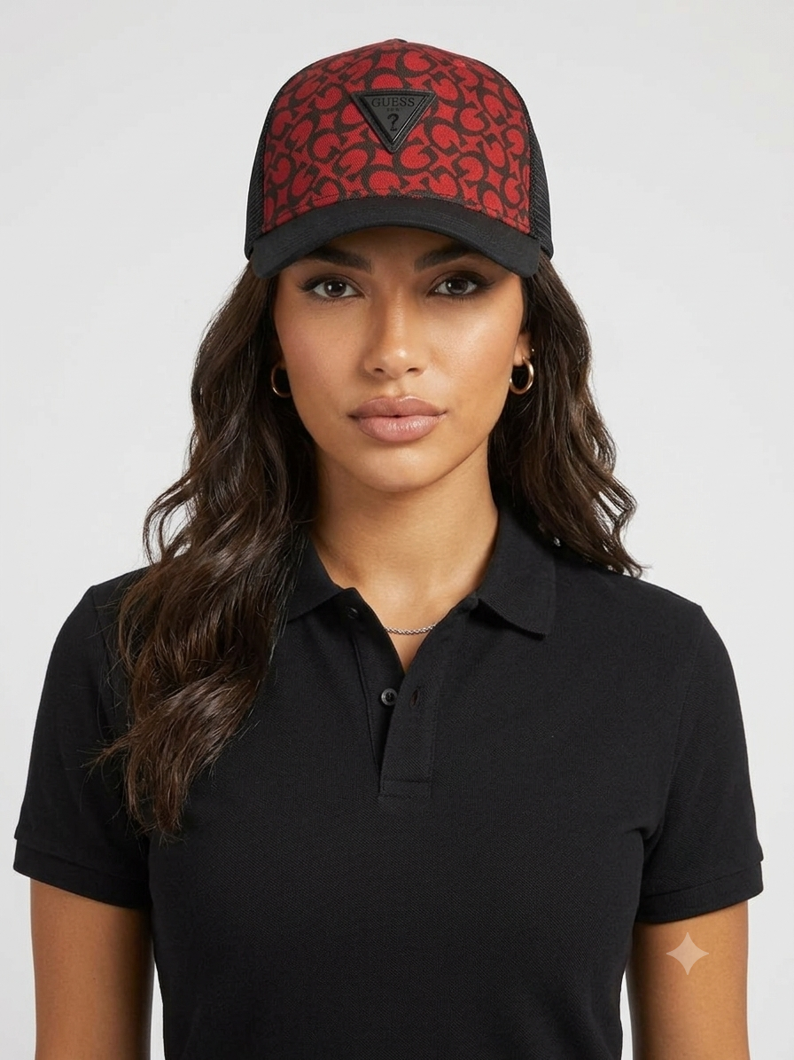 gorra-guess-trucker-monograma-4g-placa-triangular-rojo-negro-mujer Guess Gorra Trucker con Estampado Monograma 4G y Placa Triangular Rojo y Negro - Imagen 1