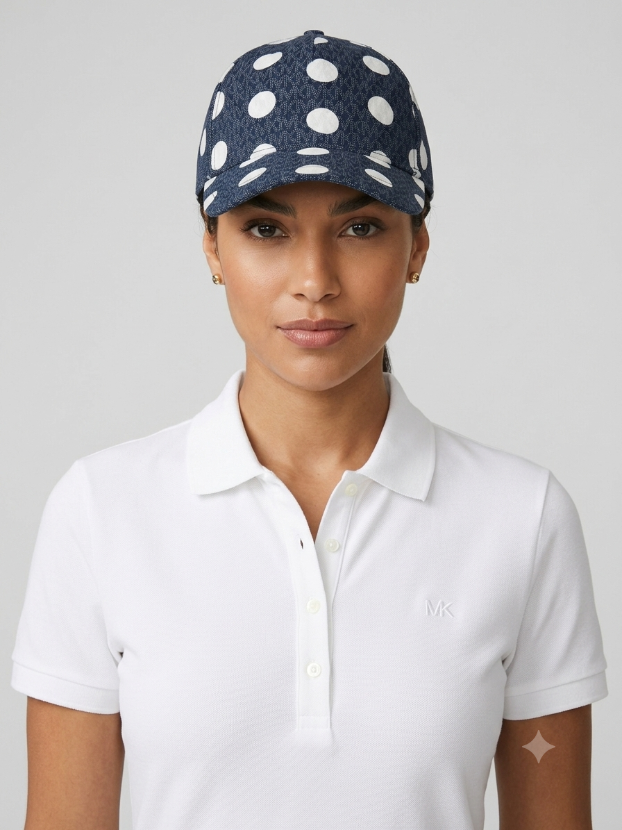 gorra-michael-kors-monograma-mk-lunares-azul-marino-blanco-mujer Michael Kors Gorra Monograma MK con Lunares Grandes Polka Dot Unisex Azul Marino y Blanco - Imagen 1