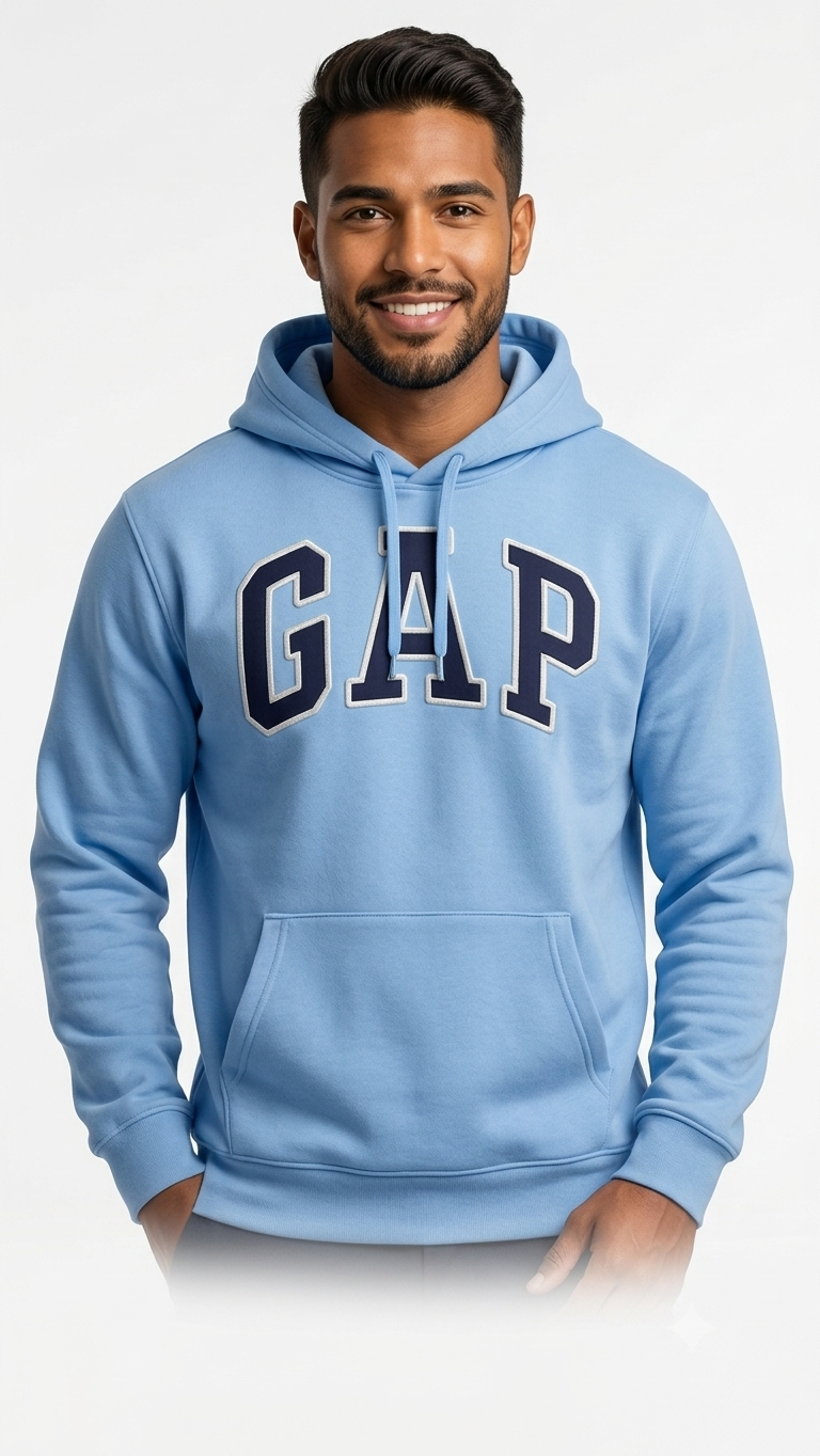 sudadera-gap-azul-claro-logo-marino Polera GAP Azul Claro con Capucha y Logo Clásico Azul Marino - Imagen 1