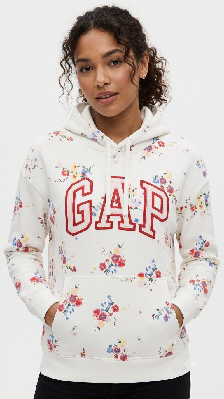 sudadera-gap-blanca-estampado-floral-logo-rojo Polera GAP Blanca con Capucha, Estampado Floral y Logo Rojo - Imagen 1