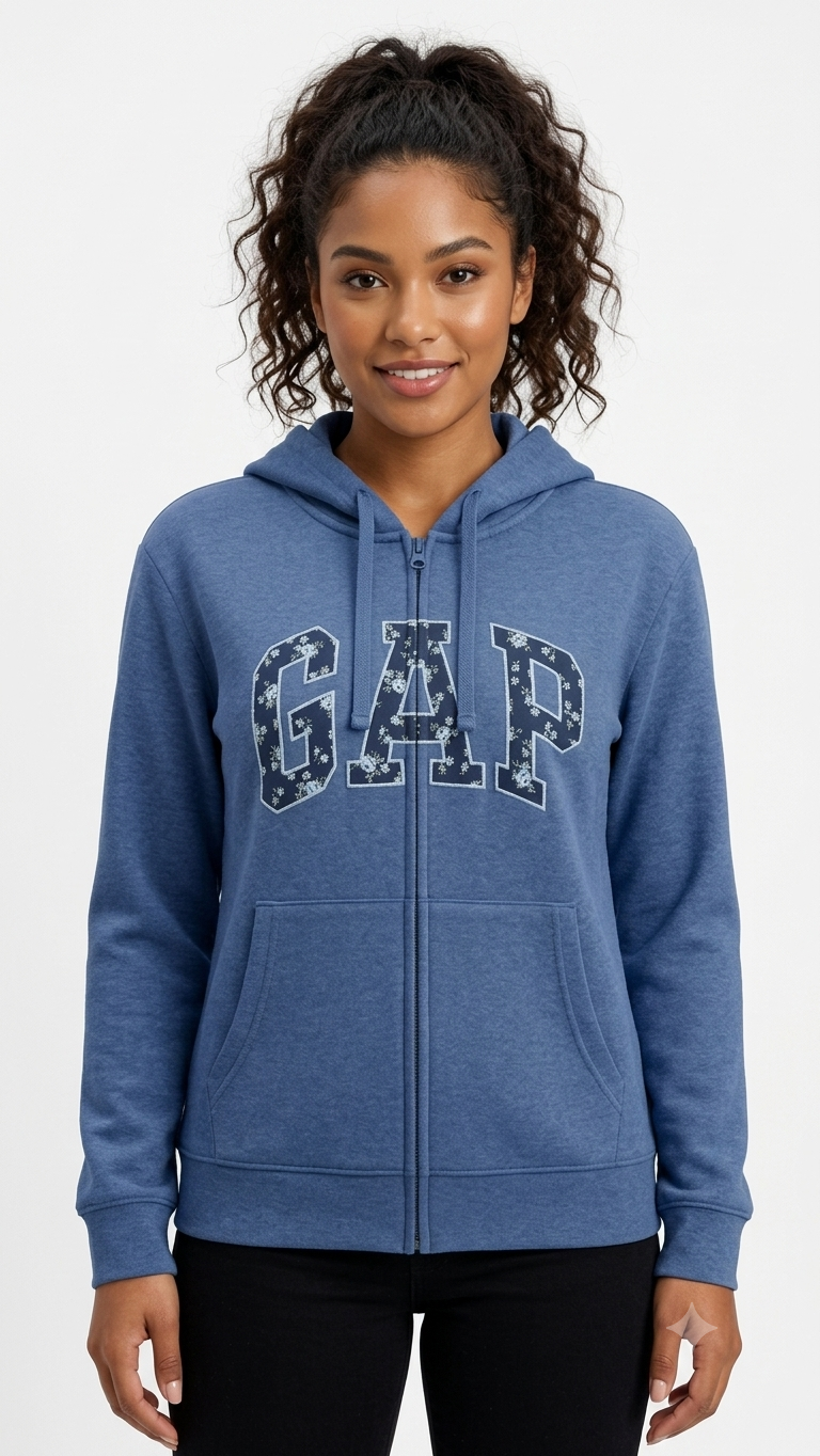 sudadera-gap-cremallera-azul-logo-camuflado Polera GAP Azul Jaspeado con Cremallera, Capucha y Logo Camuflado - Imagen 1