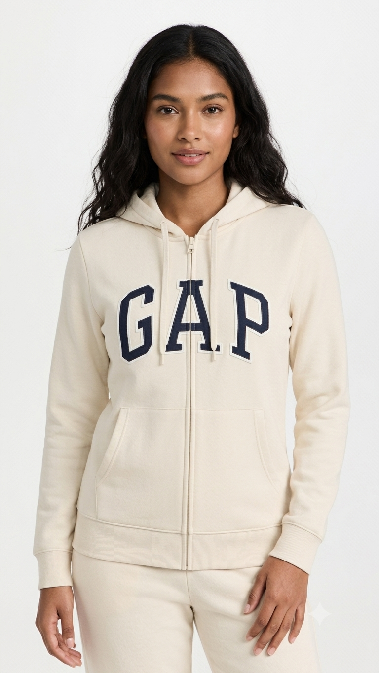 sudadera-gap-cremallera-beige-logo-azul Polera GAP Beige con Cremallera, Capucha y Logo Clásico Azul Marino - Imagen 1