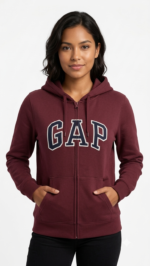 Polera GAP Borgoña con Cremallera, Capucha y Logo Clásico Azul Marino