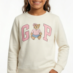 Polera GAP Kids Crema Cuello Redondo para Niña – Logo Rosa y Gráfico de Osita