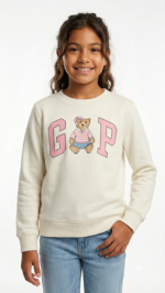 Polera GAP Kids Crema Cuello Redondo para Niña – Logo Rosa y Gráfico de Osita