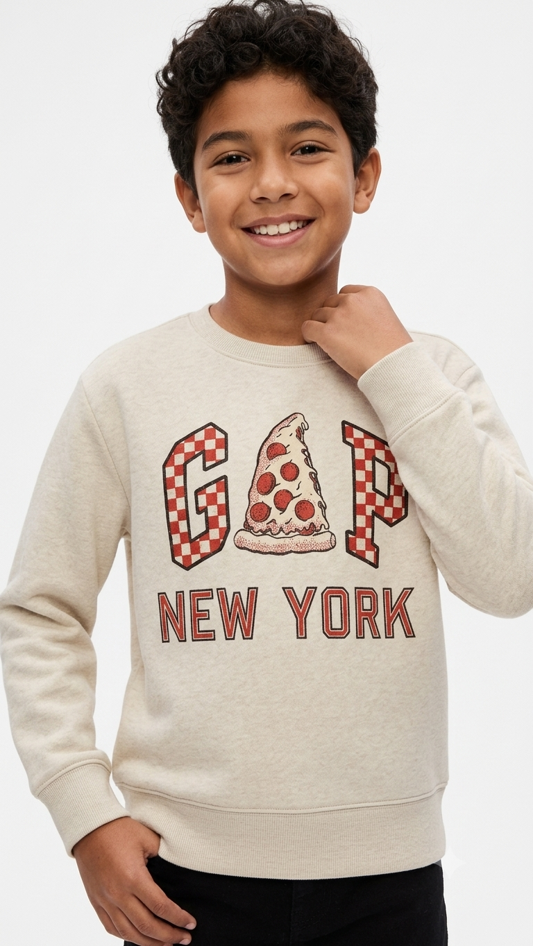 sudadera-gap-kids-new-york-pizza-crema Polera GAP Kids Crema – Edición New York Pizza Cuello Redondo - Imagen 1