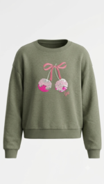 Polera GAP Kids Verde Olivo Cuello Redondo para Niña – Gráfico de Cerezas en Lentejuelas - Imagen 2