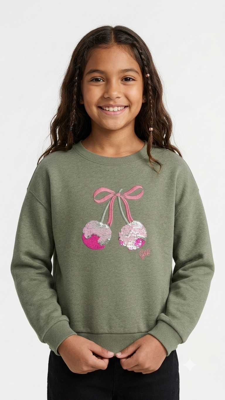 sudadera-gap-kids-verde-olivo-cerezas-lentejuelas-nina Polera GAP Kids Verde Olivo Cuello Redondo para Niña – Gráfico de Cerezas en Lentejuelas - Imagen 1