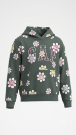 Polera GAP Kids Crema Verde Olivo para Niña con Capucha y Estampado Floral Sonriente - Imagen 2