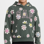 Polera GAP Kids Crema Verde Olivo para Niña con Capucha y Estampado Floral Sonriente