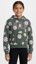 Polera GAP Kids Crema Verde Olivo para Niña con Capucha y Estampado Floral Sonriente