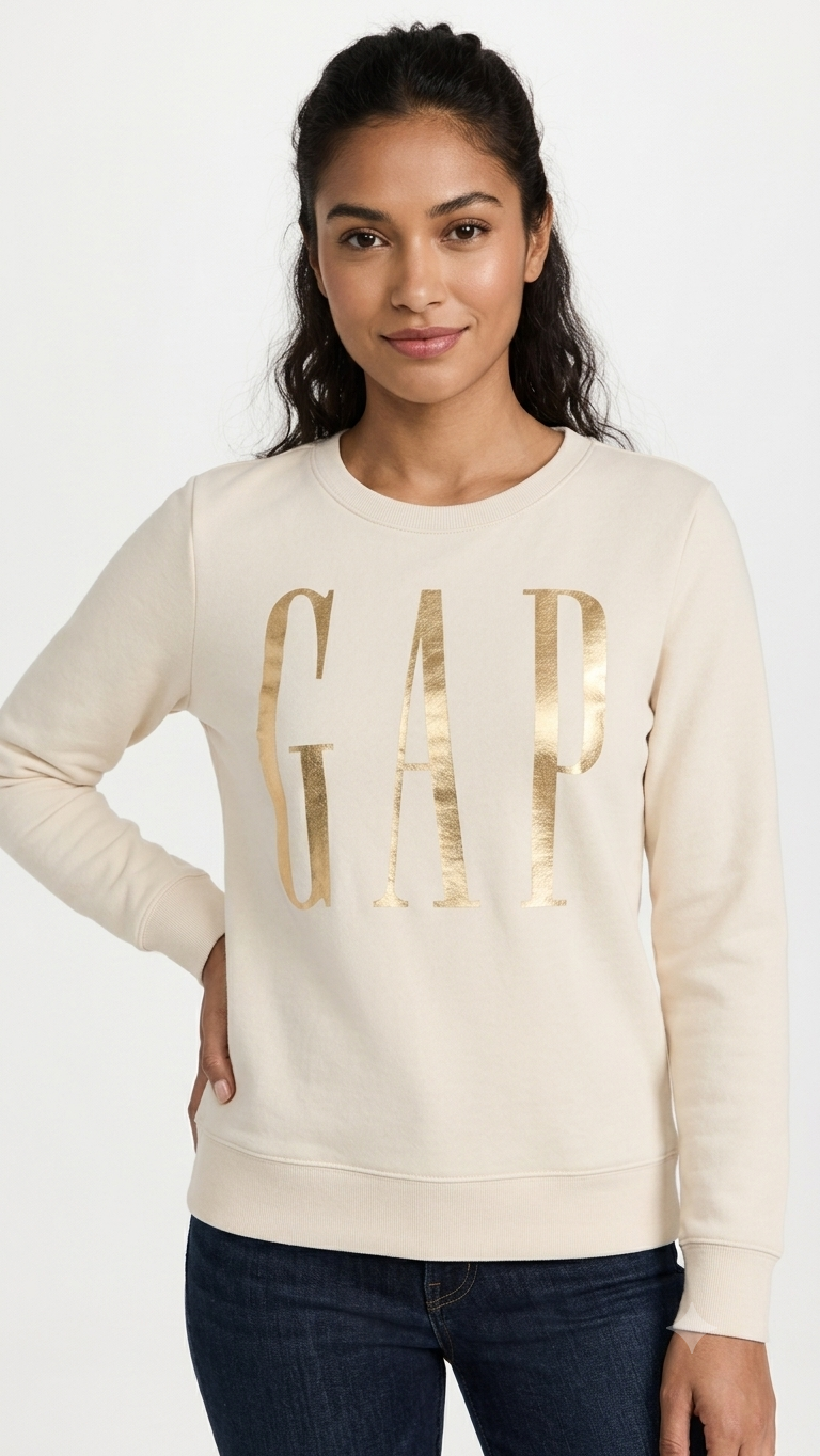sudadera-gap-mujer-crema-logo-dorado-cuello-redondo Polera GAP Mujer – Crema con Cuello Redondo y Logo Dorado Metalizado - Imagen 1