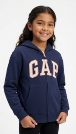 Polera GAP Niña – Azul Marino con Cremallera, Capucha y Logo Crema - Imagen 2