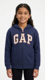 Polera GAP Niña – Azul Marino con Cremallera, Capucha y Logo Crema