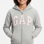 Polera GAP Niña – Gris Claro Jaspeado con Cremallera, Capucha y Logo Blanco