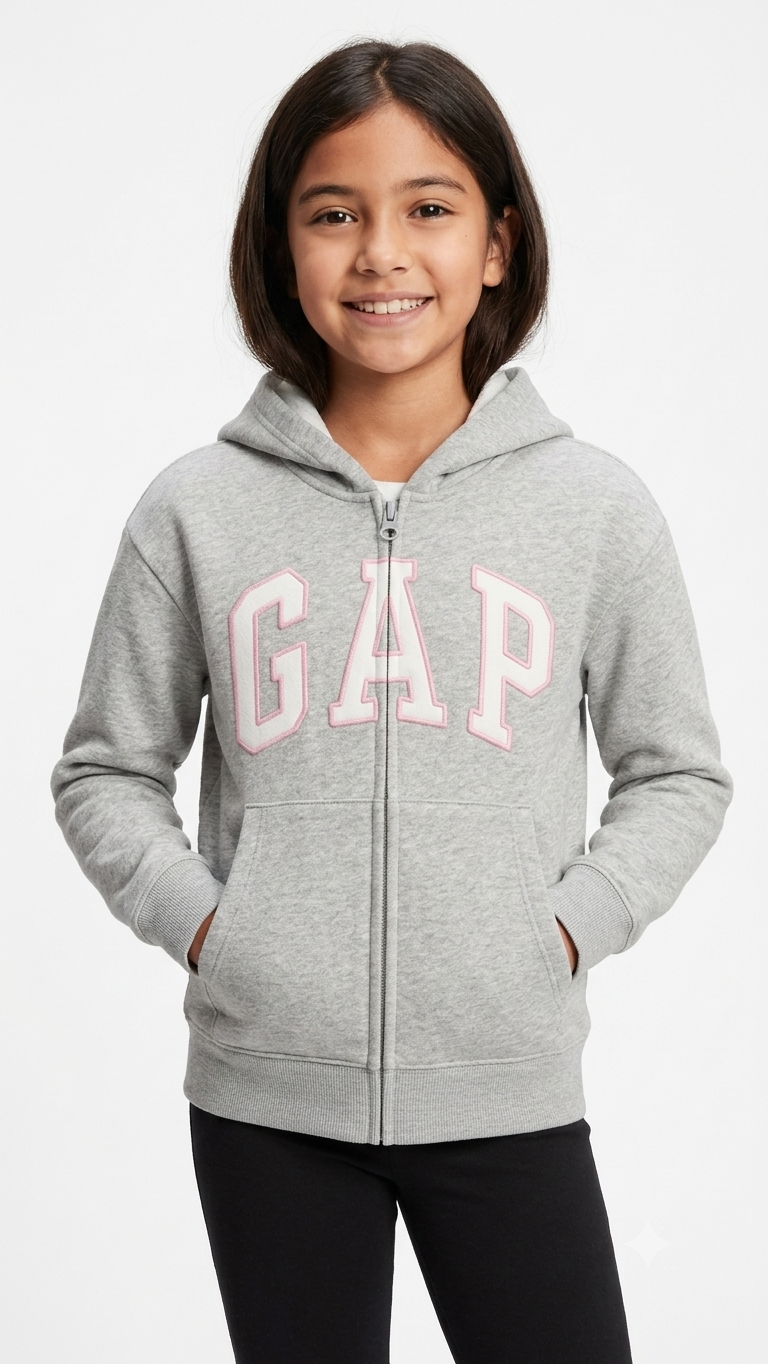 sudadera-gap-nina-gris-claro-cremallera-logo-blanco Polera GAP Niña – Gris Claro Jaspeado con Cremallera, Capucha y Logo Blanco - Imagen 1