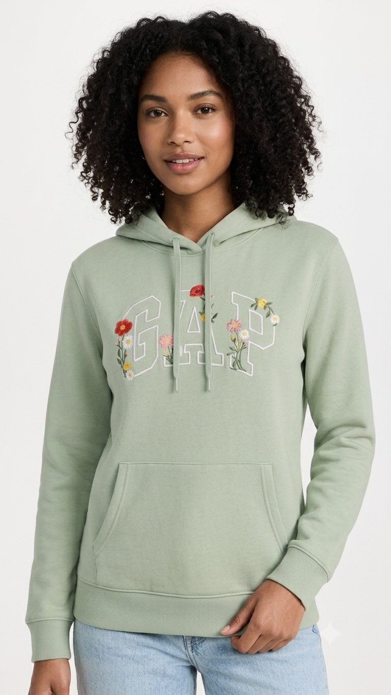 sudadera-gap-verde-salvia-logo-flores Polera GAP Verde Salvia con Capucha y Logo Floral - Imagen 1