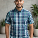 Camisa Manga Corta a Cuadros para Hombre Azul y Verde