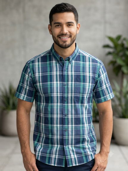 Camisa Manga Corta a Cuadros para Hombre Azul y Verde