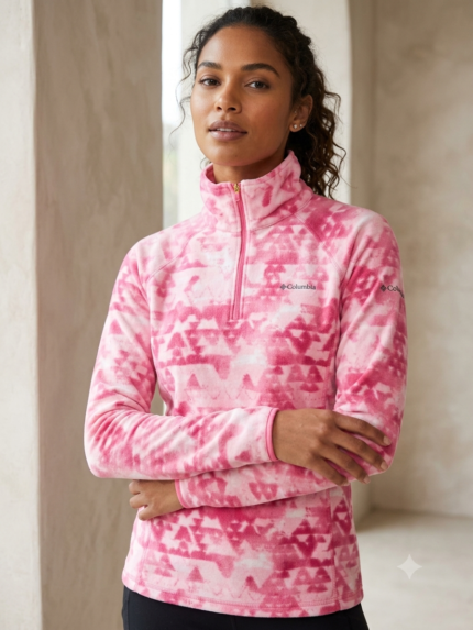 Columbia Pulóver Polar de Medio Cierre Estampado Geométrico para Mujer Rosa Fucsia