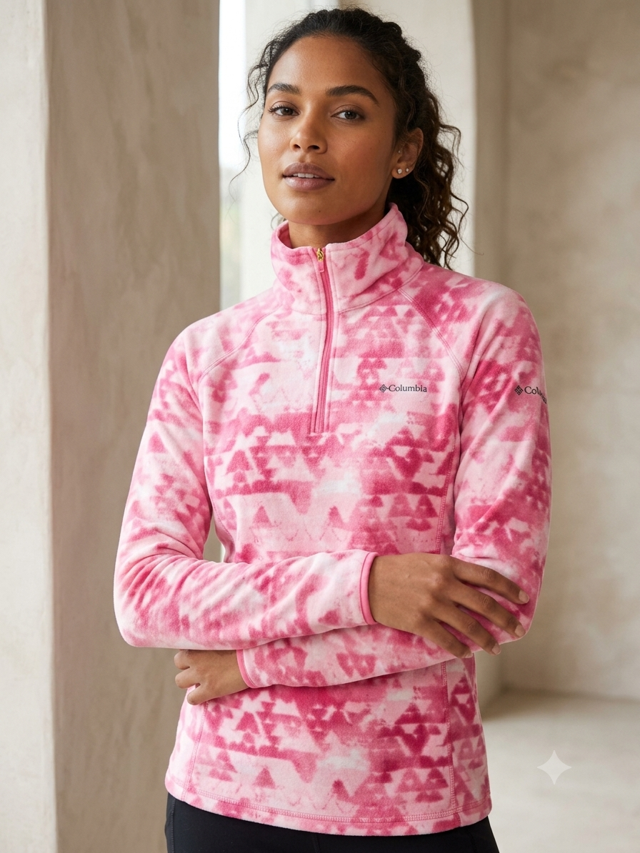 poleron-polar-columbia-medio-cierre-estampado-mujer-rosa-fucsia Columbia Pulóver Polar de Medio Cierre Estampado Geométrico para Mujer Rosa Fucsia - Imagen 1