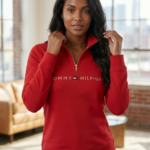 Tommy Hilfiger Polerón de Medio Cierre con Logotipo Bordado para Mujer Rojo